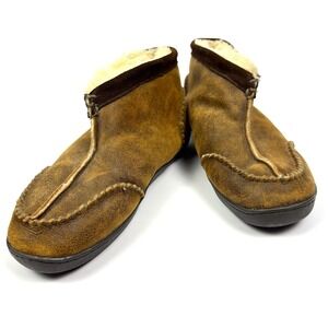 Cabelas Leather Shearling Lined Hi Top Slippers Mens 9 Brown Whipstitch Bootie